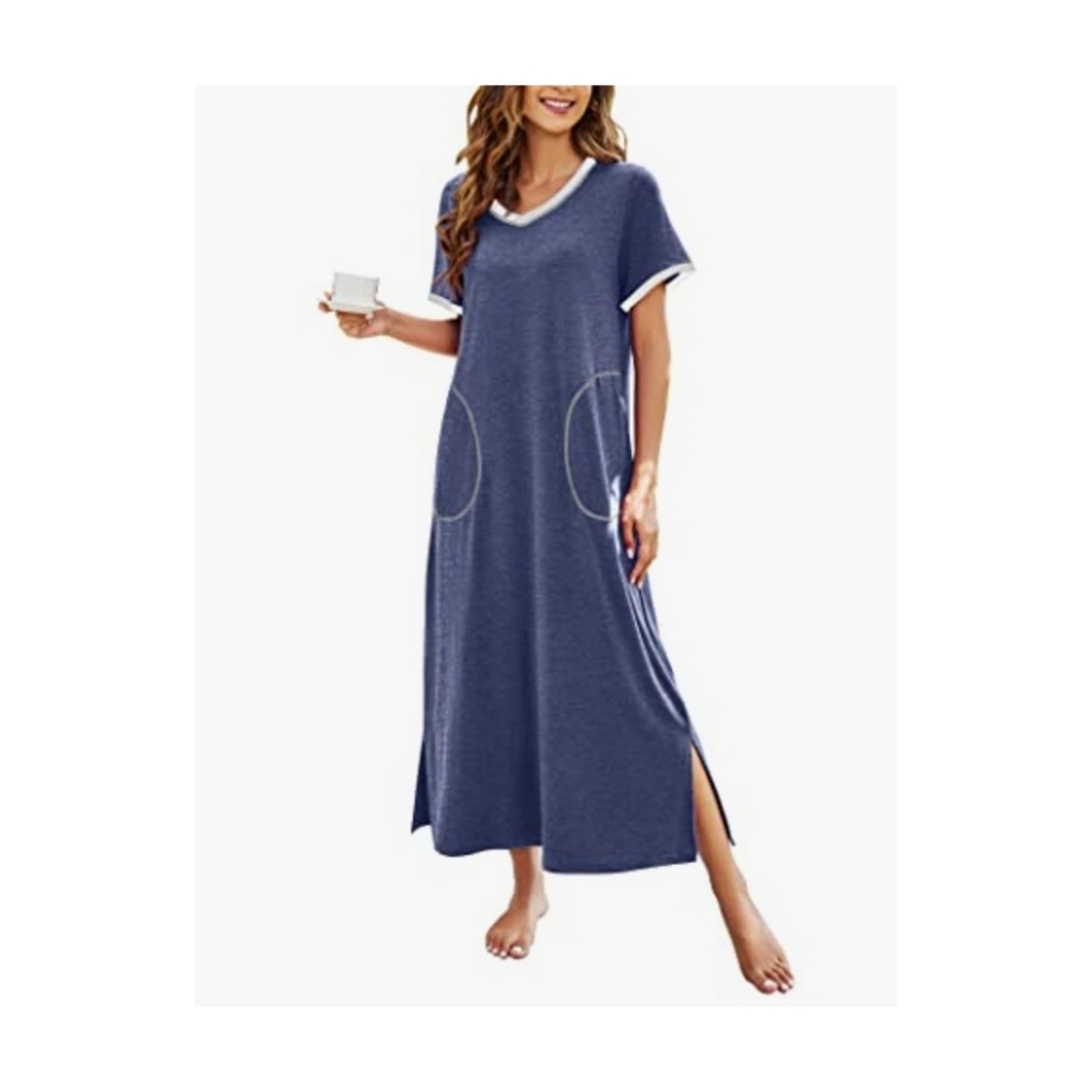 Ekoauer Long Maxi Night Gown Loungewear Sleepshirt Navy Blue XXL
